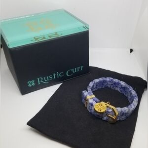 RUSTIC CUFF CHARAY GOLD SODALITE STONE BELT STYLE STRETCH BRACELET WITH BOX NWOT